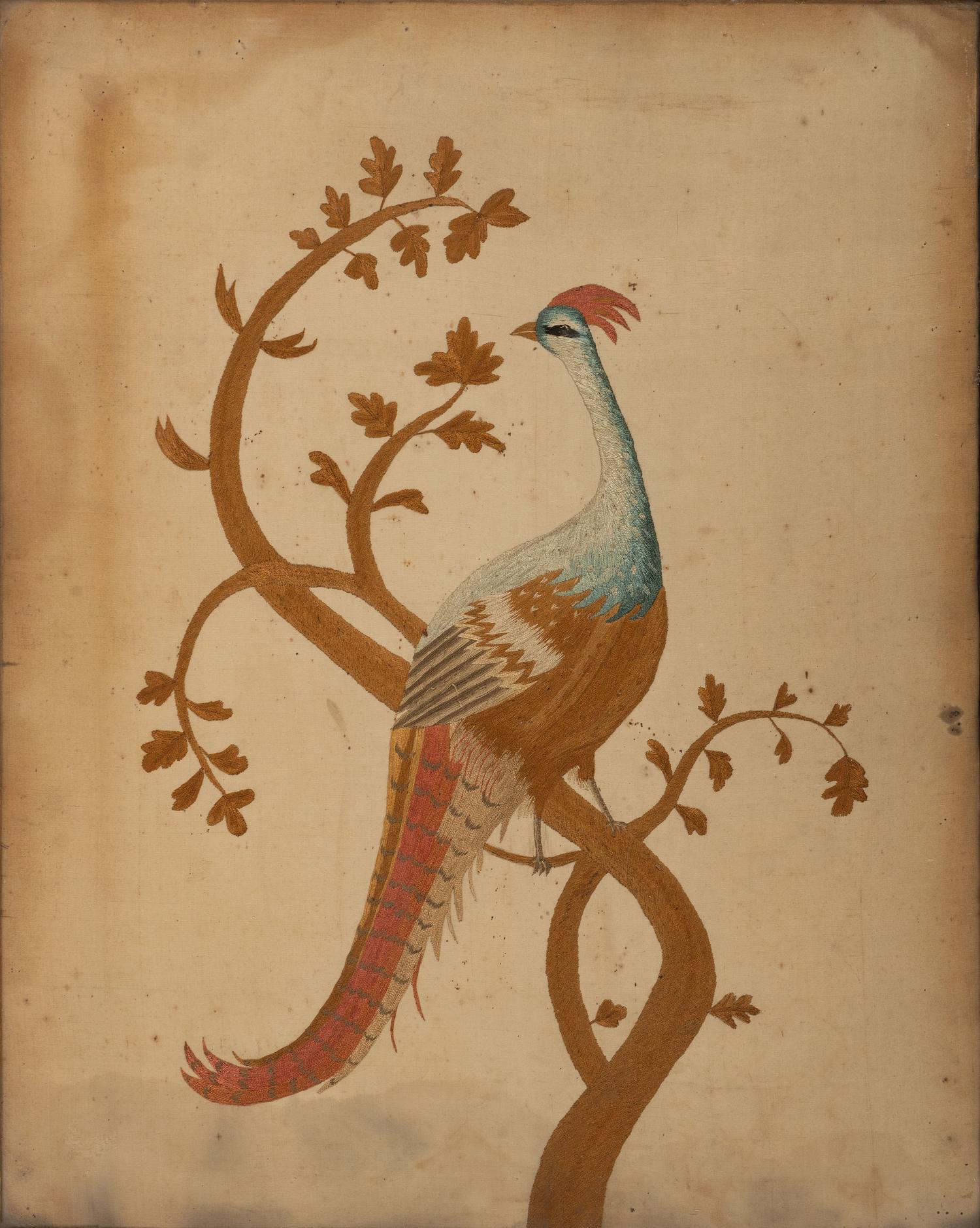 A Silk Needlework Panel of a Peacock