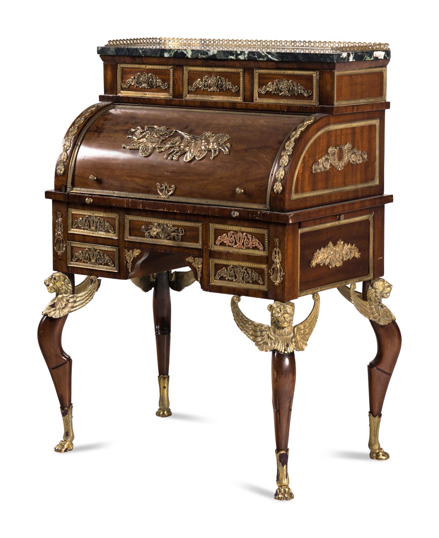 An Empire Style Gilt Metal Mounted Mahogany Bureau à Cylindre