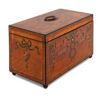 An Edwardian Painted Satinwood Tea Caddy