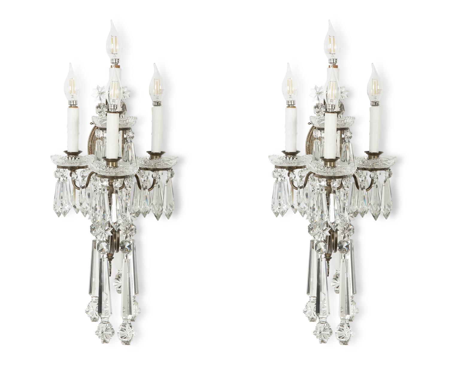 A Pair of Continental Gilt Metal and Cut Glass Four-Light Sconces