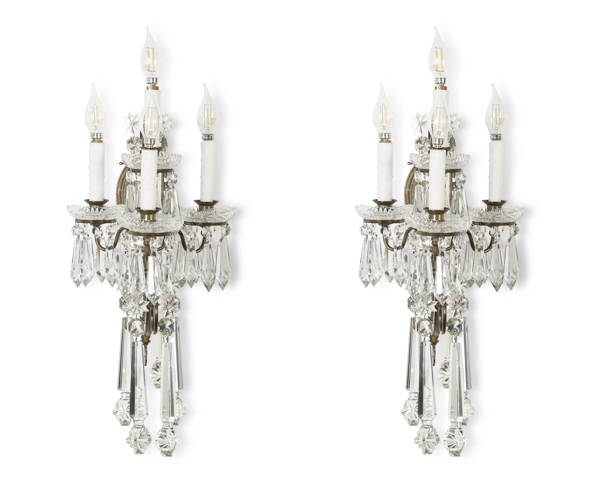 A Pair of Continental Gilt Metal and Cut Glass Four-Light Sconces