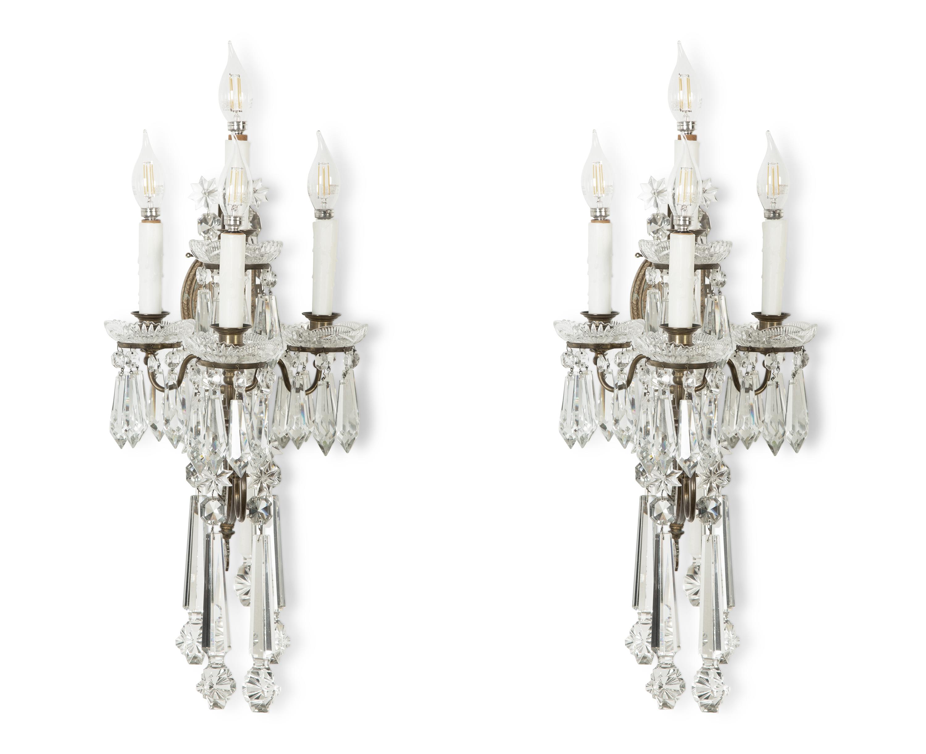 A Pair of Continental Gilt Metal and Cut Glass Four-Light Sconces