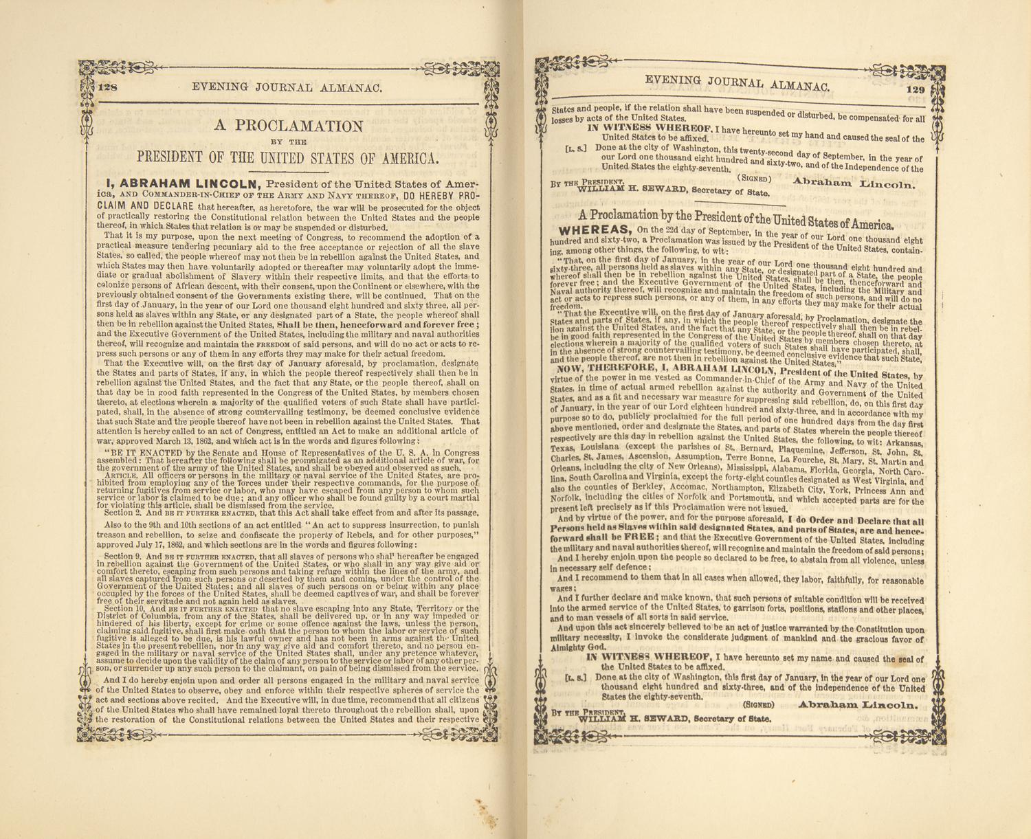 [Emancipation Proclamation] The Preliminary and Final Emancipation Proclamation, in " The Evening Journal Almanac. 1863"