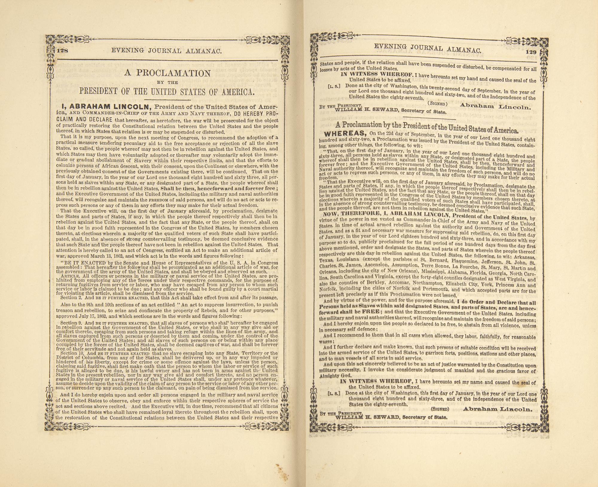 [Emancipation Proclamation] The Preliminary and Final Emancipation Proclamation, in " The Evening Journal Almanac. 1863"