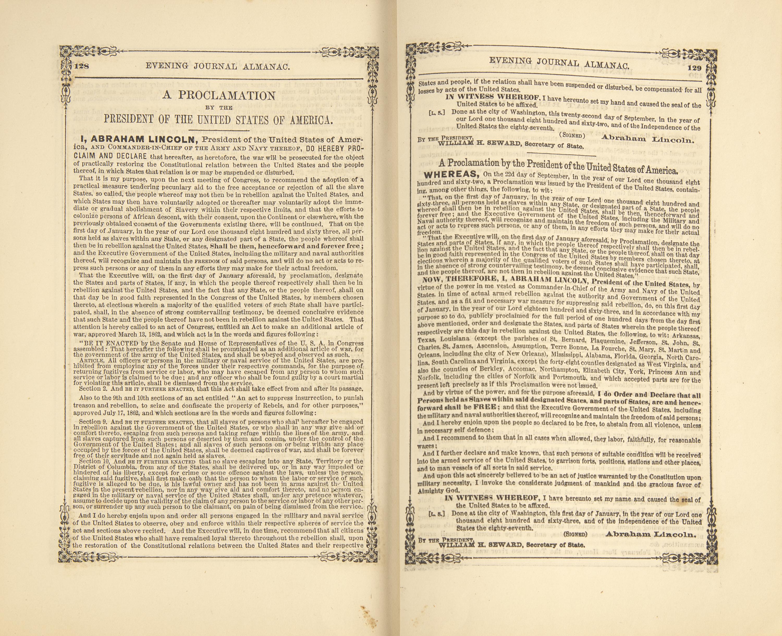 [Emancipation Proclamation] The Preliminary and Final Emancipation Proclamation, in " The Evening Journal Almanac. 1863"
