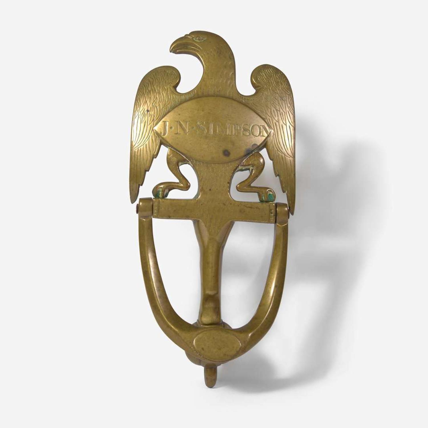 A rare cast and engraved brass eagle form door knocker Possibly Robert Carr, Sr. (active 1790-1832), New York and Philadelphia, early 19th century