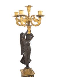 A Pair of Empire Ormolu and Patinated Bronze Figural Five-Light Candelabra
