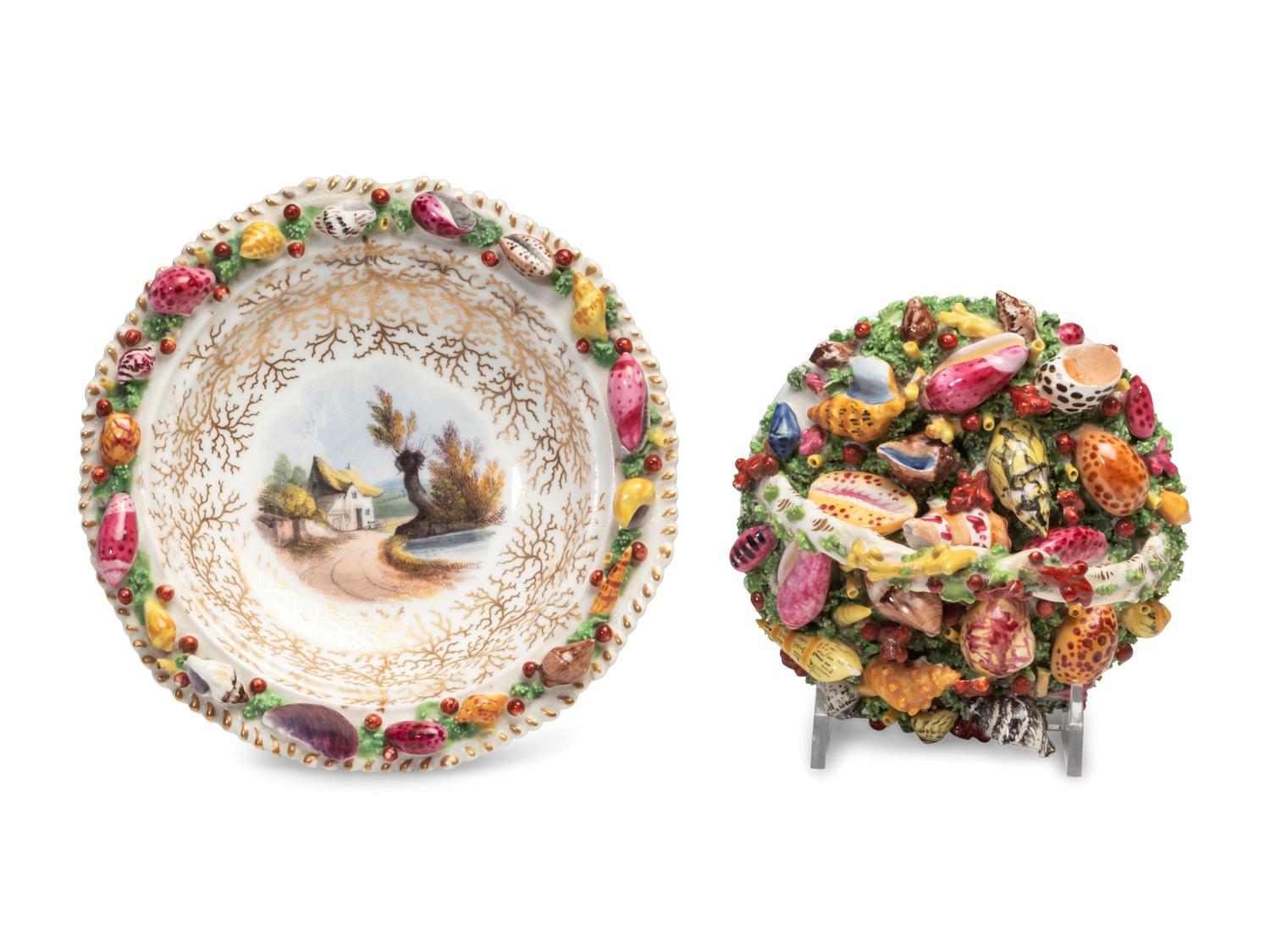A Worcester Porcelain 'Shell-Encrusted' Basket, Cup and Saucer