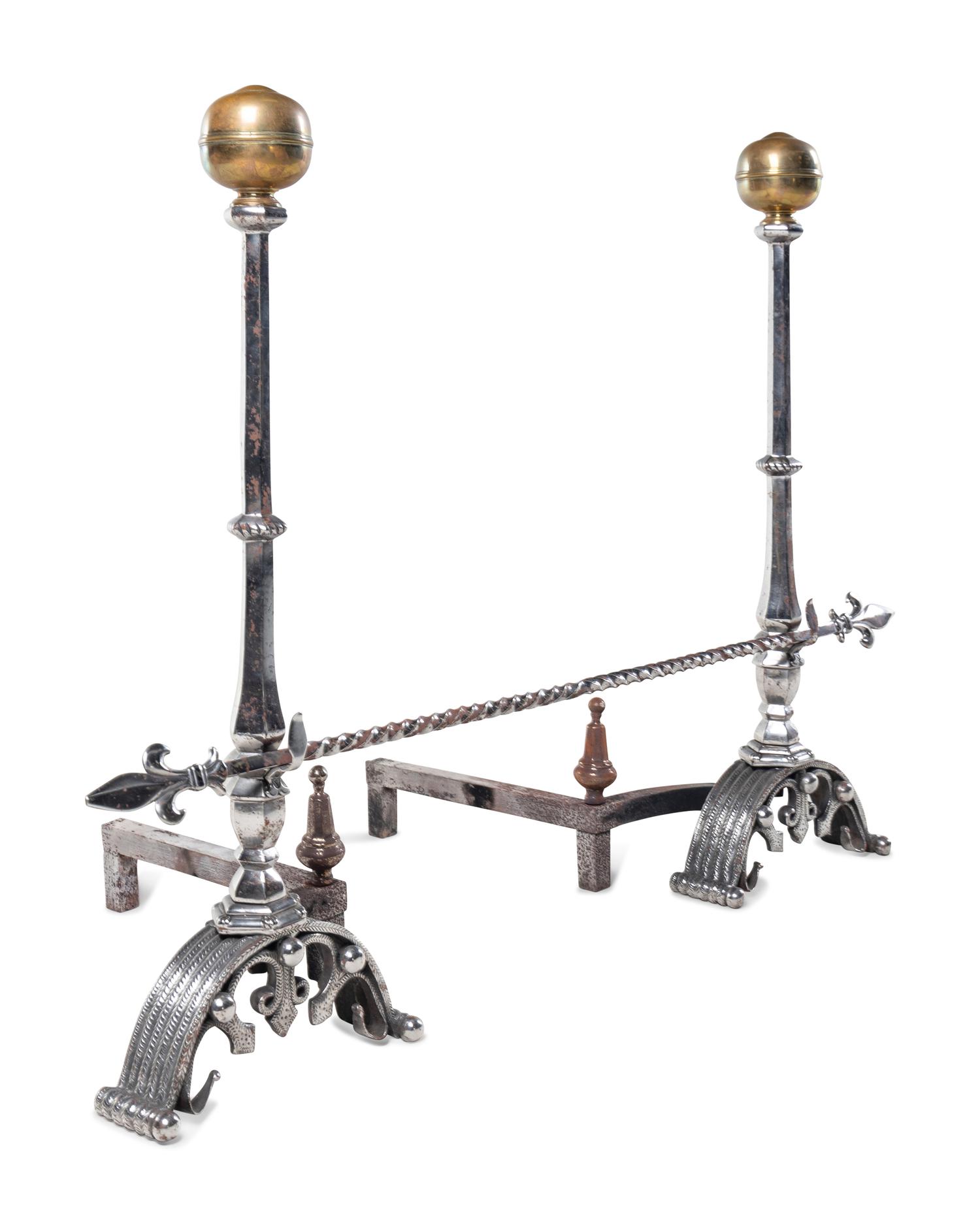 A Pair of English Brass and Steel Andirons