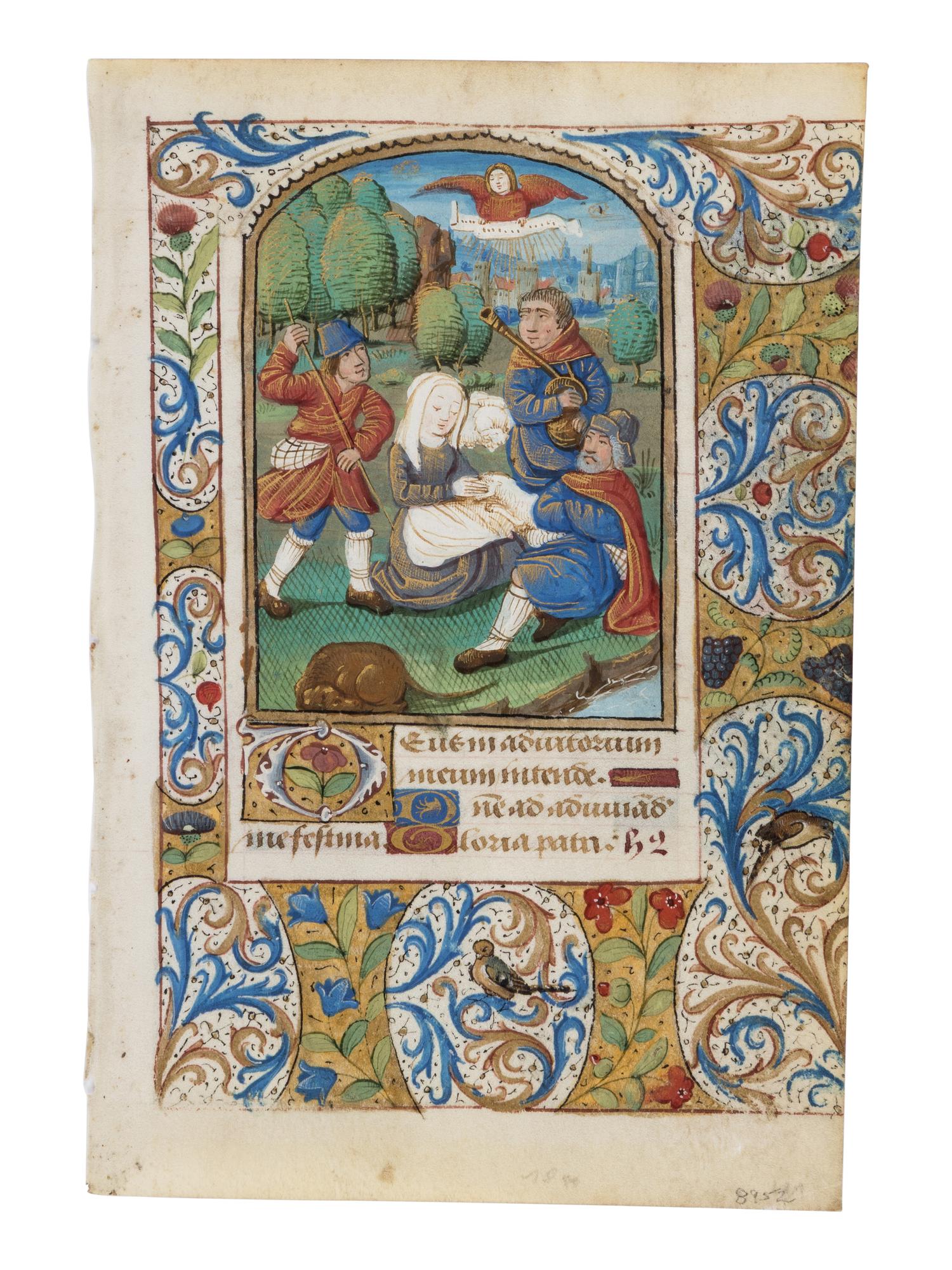 CIRCLE OF THE MASTER OF THE ROUEN ÉCHEVINAGE (PLAYFAIR GROUP) (active Rouen, c. 1450-1485) A leaf from a Book of Hours, with a miniature of the Annunciation to the Shepherds, in Latin, illuminated manuscript on parchment [France, Rouen, ca. 1470–1480]