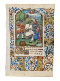 CIRCLE OF THE MASTER OF THE ROUEN ÉCHEVINAGE (PLAYFAIR GROUP) (active Rouen, c. 1450-1485) A leaf from a Book of Hours, with a miniature of the Annunciation to the Shepherds, in Latin, illuminated manuscript on parchment [France, Rouen, ca. 1470–1480]