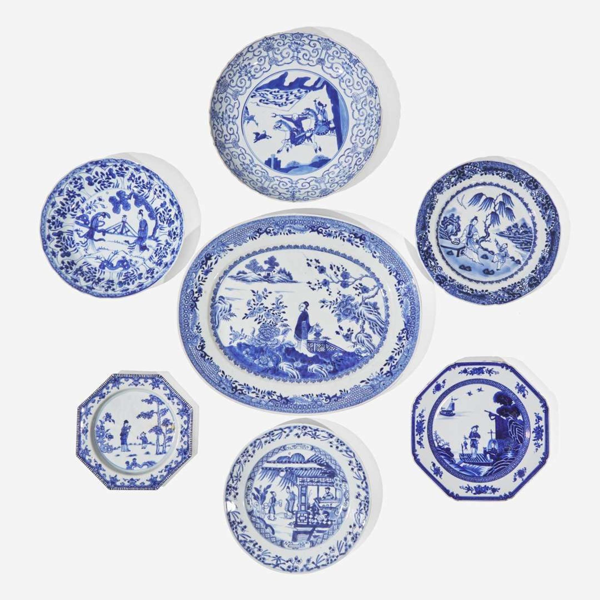 Seven assorted Chinese export blue and white porcelain dishes 青花外銷瓷盤一組七件 Kangxi to Jiaqing period ? ?????