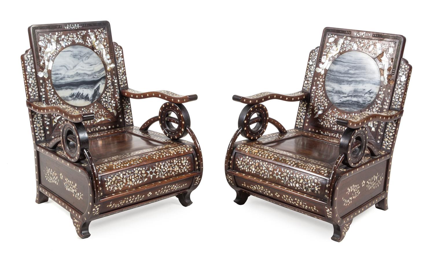 A Pair of Chinese Export Marble Inset Mother-of-Pearl Inlaid Rosewood Armchairs