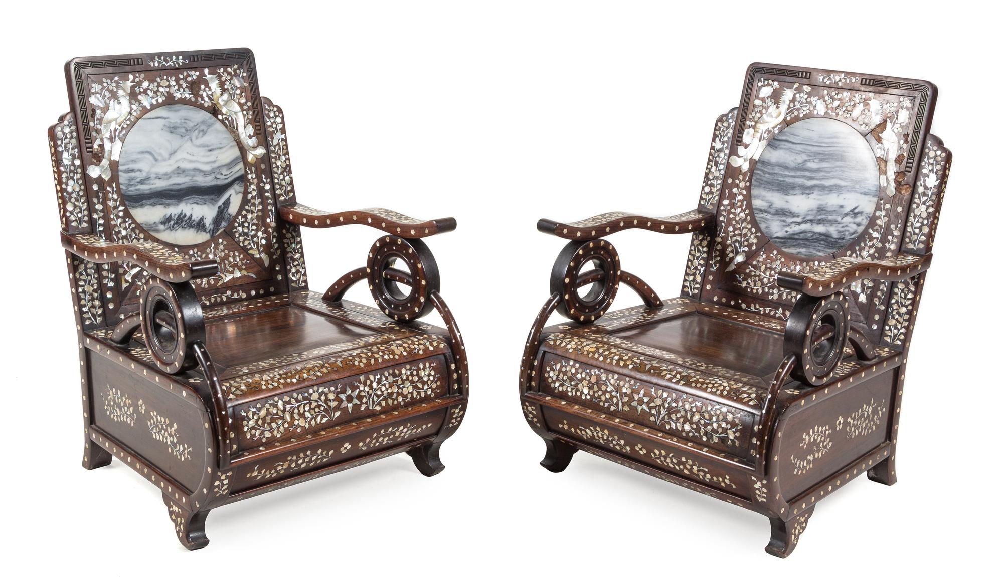 A Pair of Chinese Export Marble Inset Mother-of-Pearl Inlaid Rosewood Armchairs