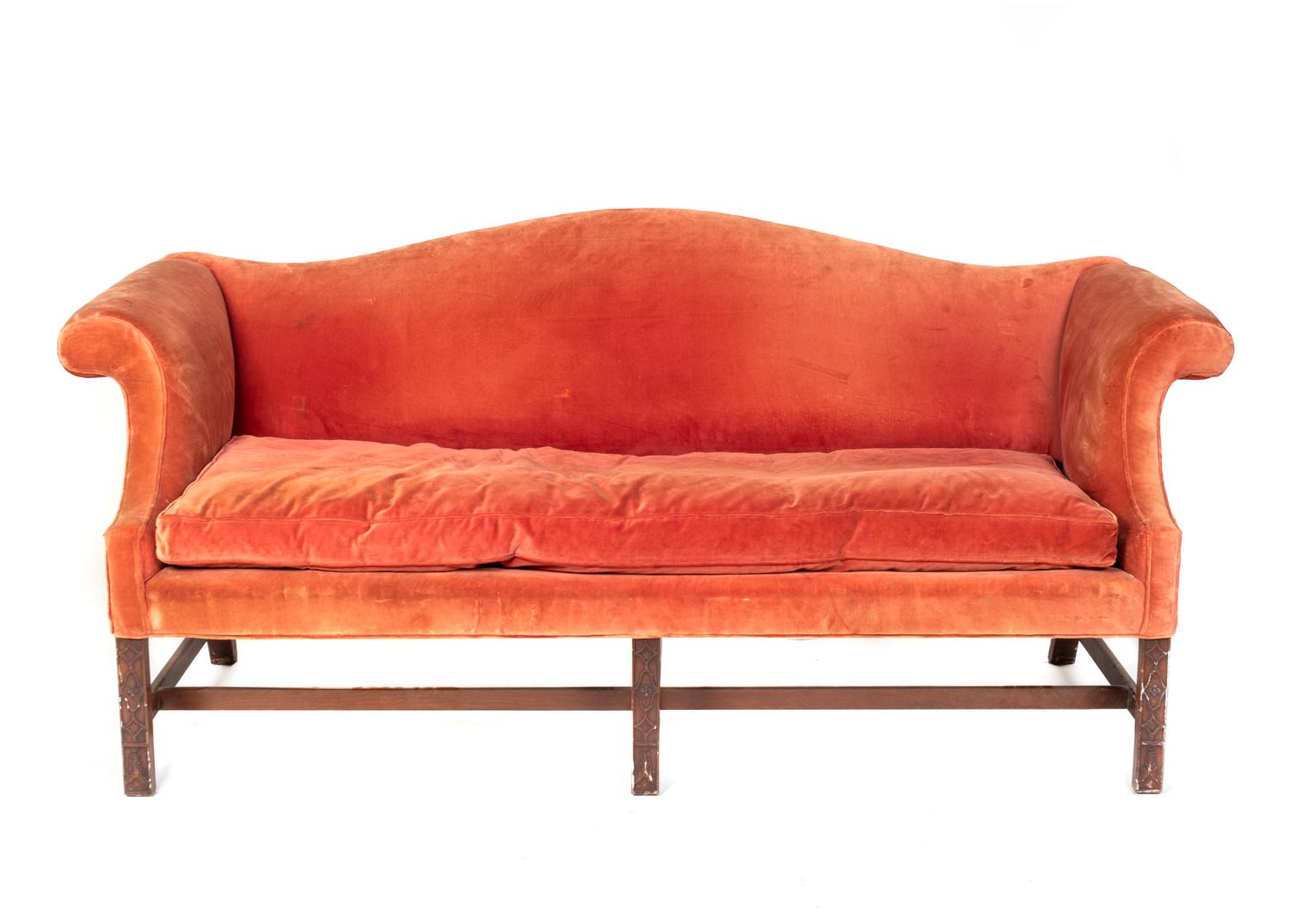 A George II Style Carved Mahogany Camel Back Sofa