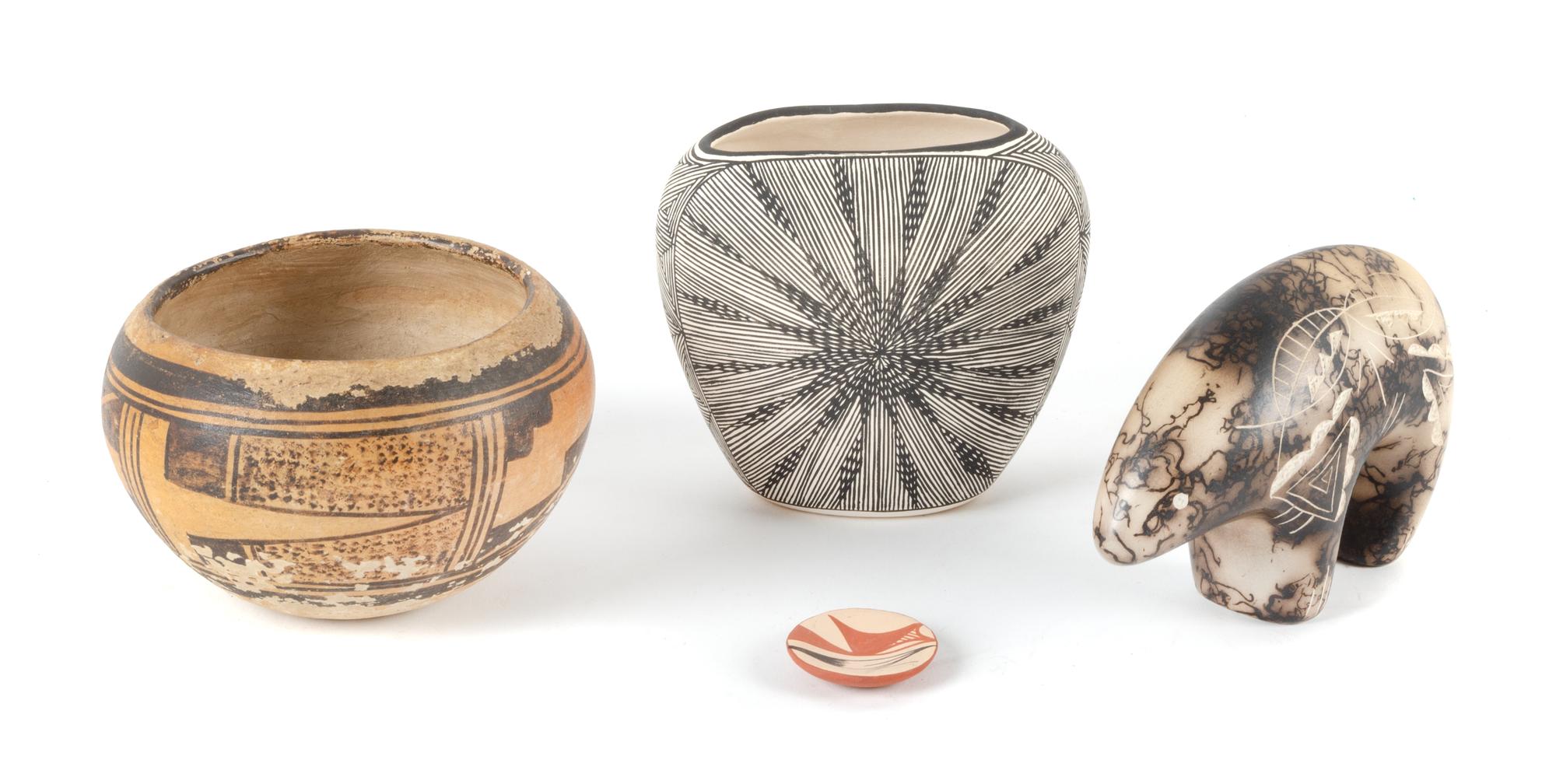 Four Southwestern Pottery Articles Height of largest 4 inches