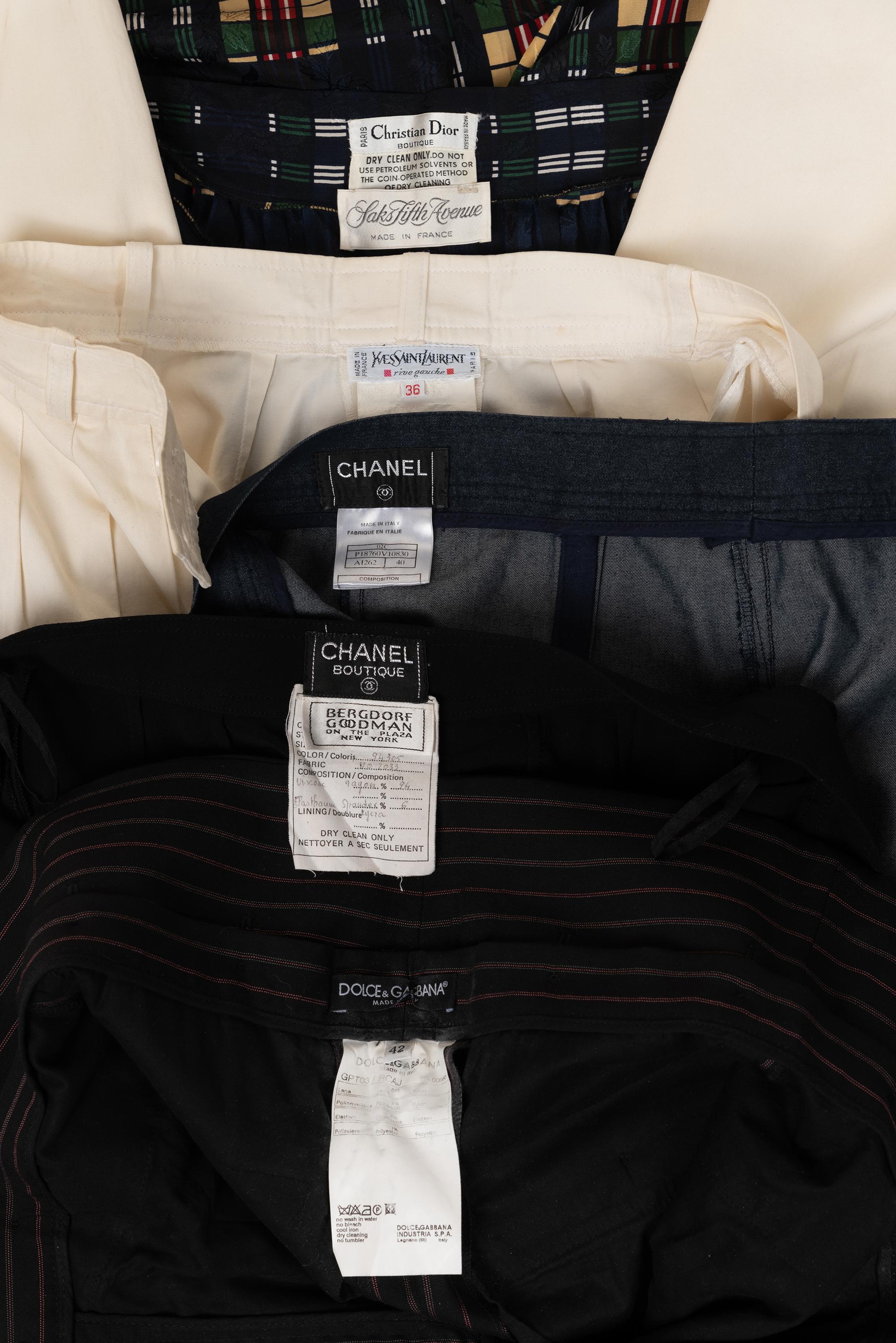 Five Pairs of Designer Pants: One Yves Saint Laurent, One Christian Dior, Two Chanel, and One Dolce & Gabbana, 1980-2000s