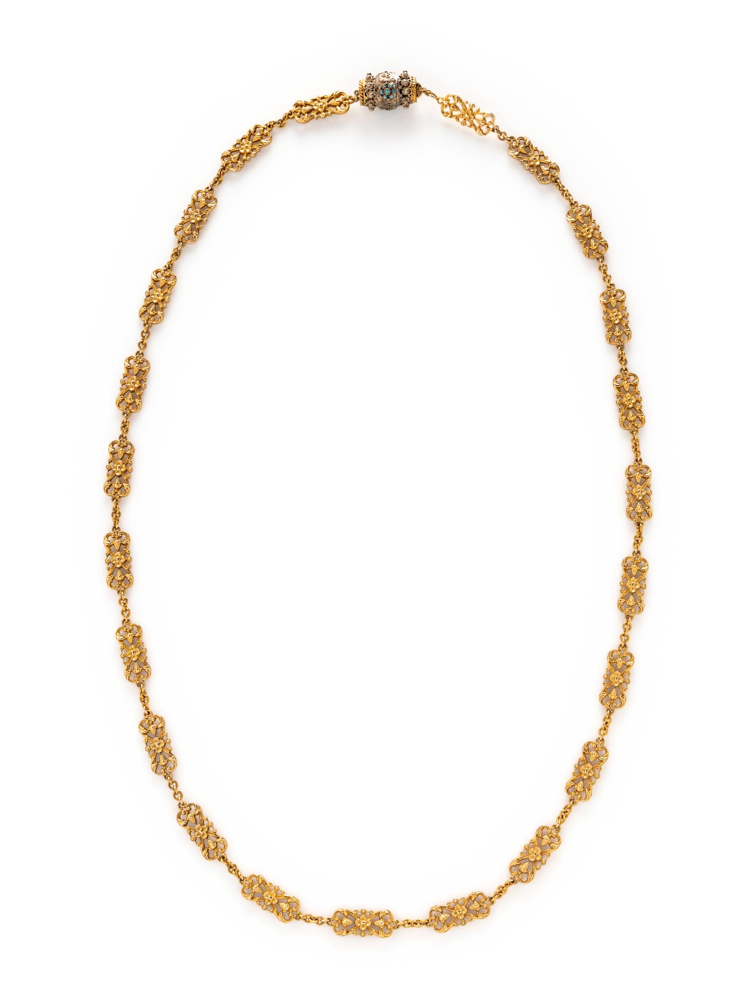 YELLOW GOLD AND TURQUOISE FANCY LINK CHAIN NECKLACE