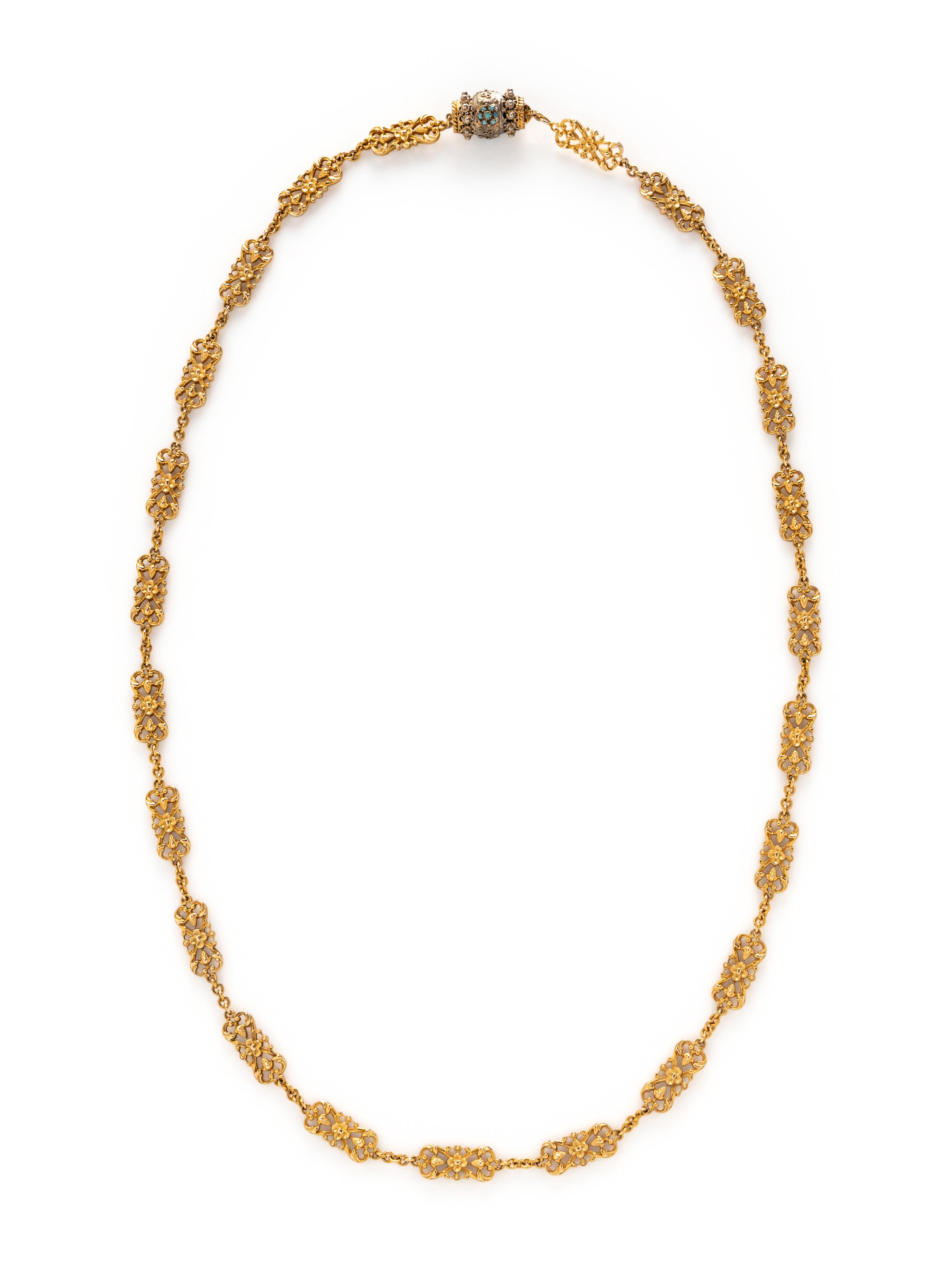 YELLOW GOLD AND TURQUOISE FANCY LINK CHAIN NECKLACE