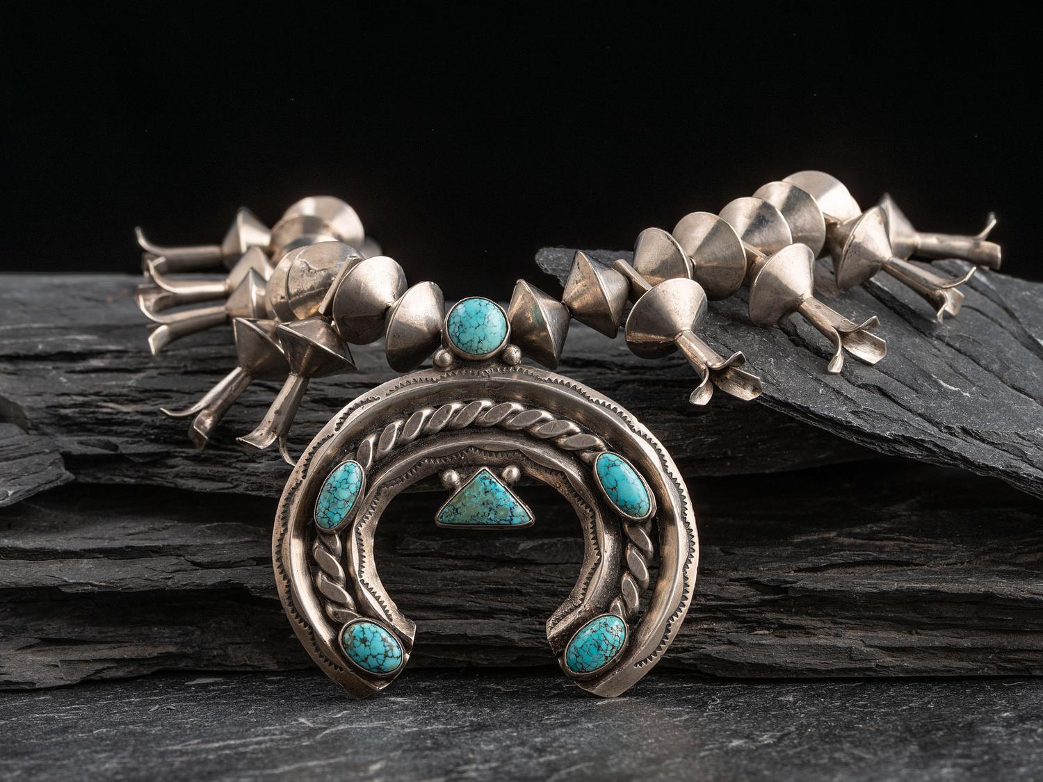 Navajo Silver and Turquoise Squash Blossom Necklace