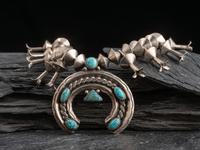 Navajo Silver and Turquoise Squash Blossom Necklace