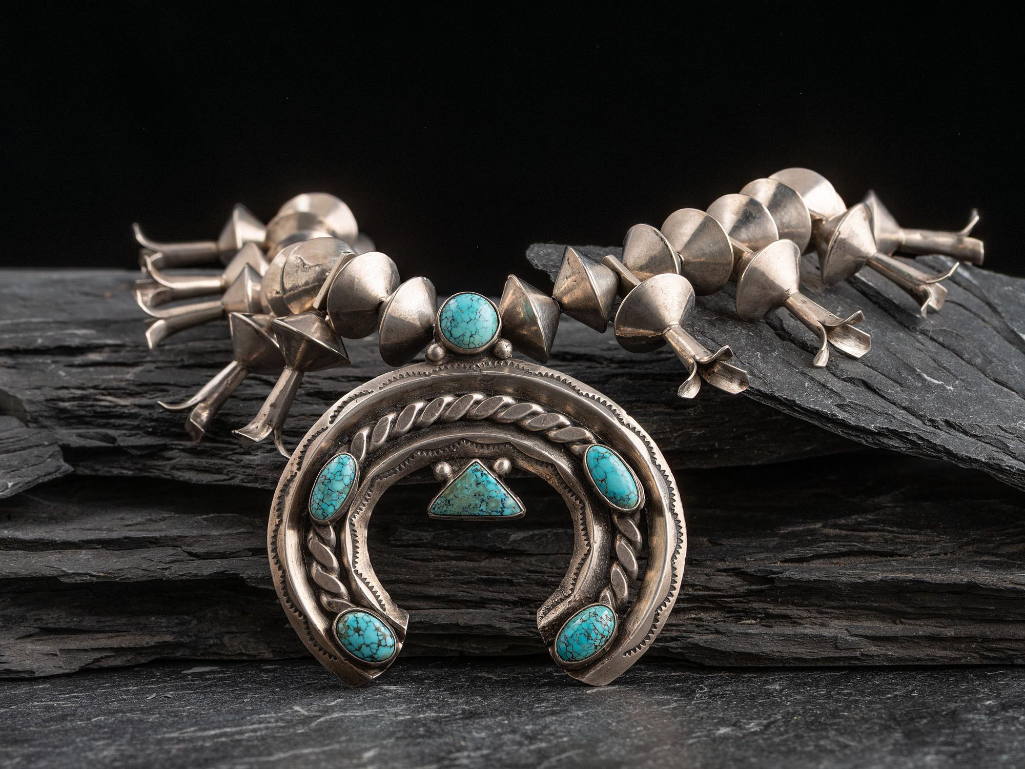 Navajo Silver and Turquoise Squash Blossom Necklace