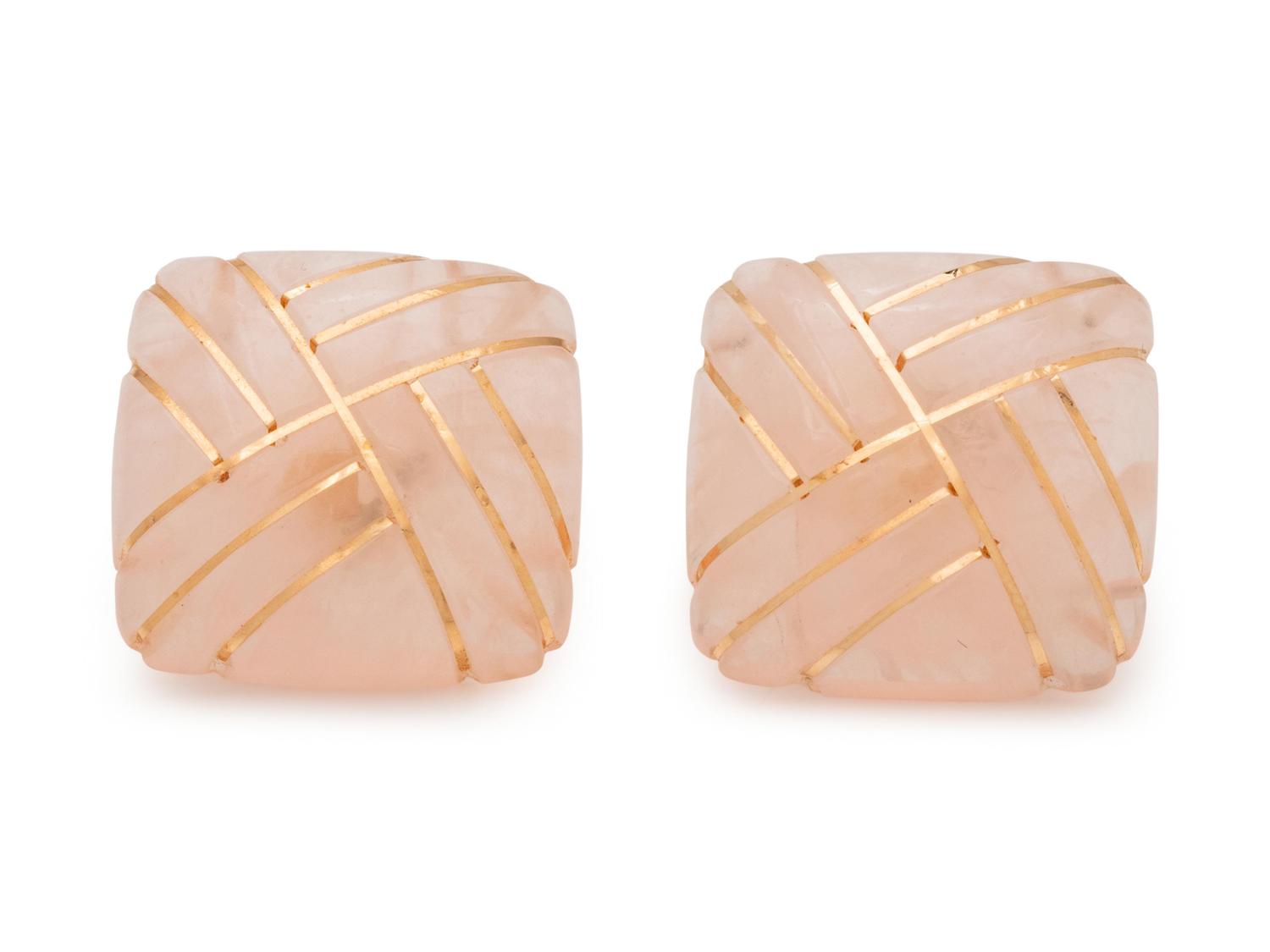 A Pair of Yellow Gold and Rose Quartz Earrings,