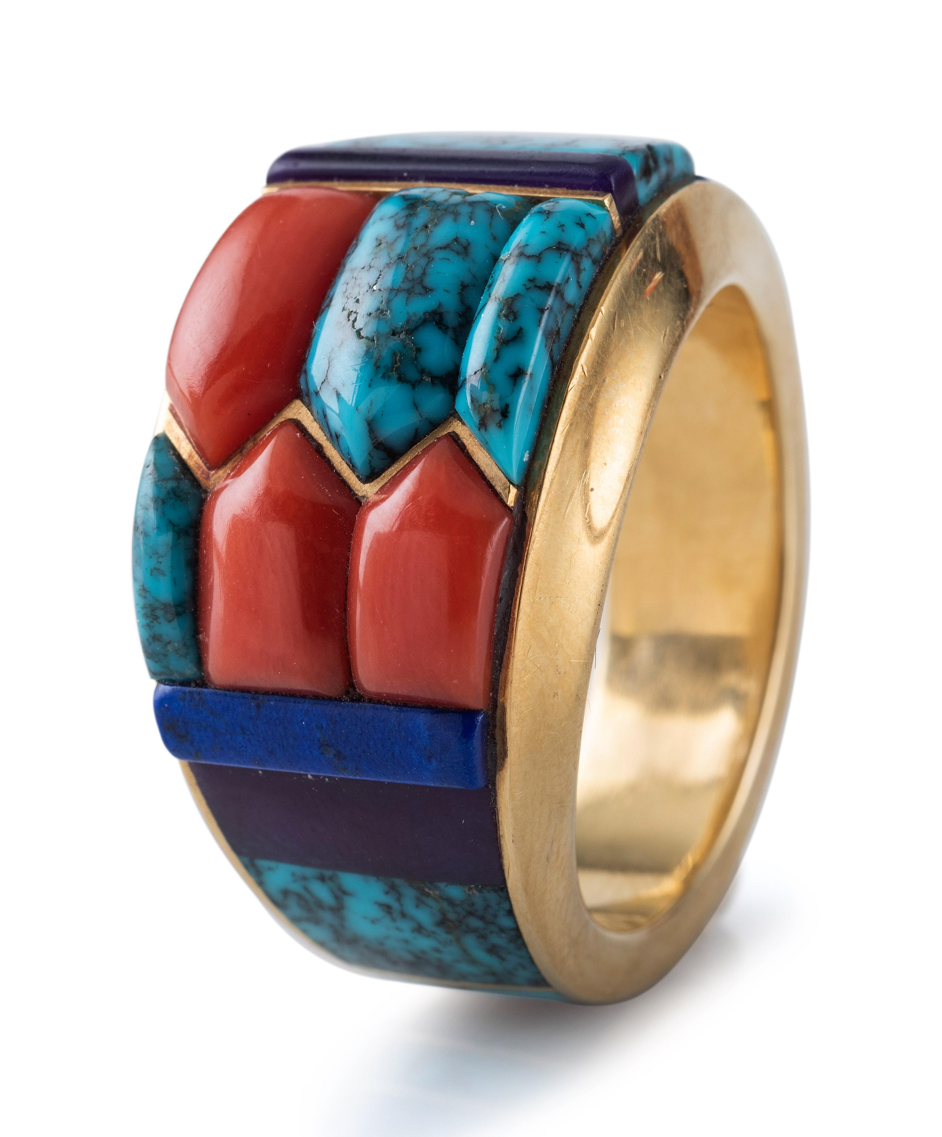 18K Gold Ring, Set with Turquoise, Coral, Lapis, and Sugilite