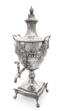 A George III Silver-Plate Hot Water Urn, Sheffield, Late 18th Century, the domed reeded cover with a pinecone finial, the baluster form