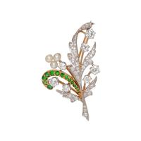 EDWARDIAN, DIAMOND, DEMANTOID GARNET AND PEARL BROOCH