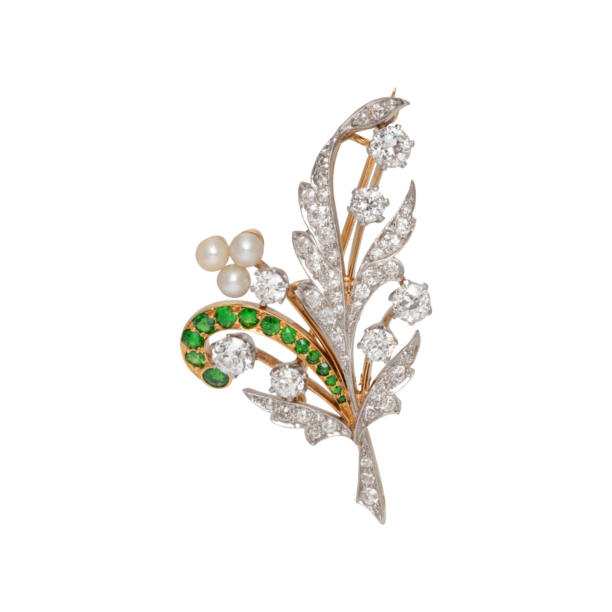EDWARDIAN, DIAMOND, DEMANTOID GARNET AND PEARL BROOCH