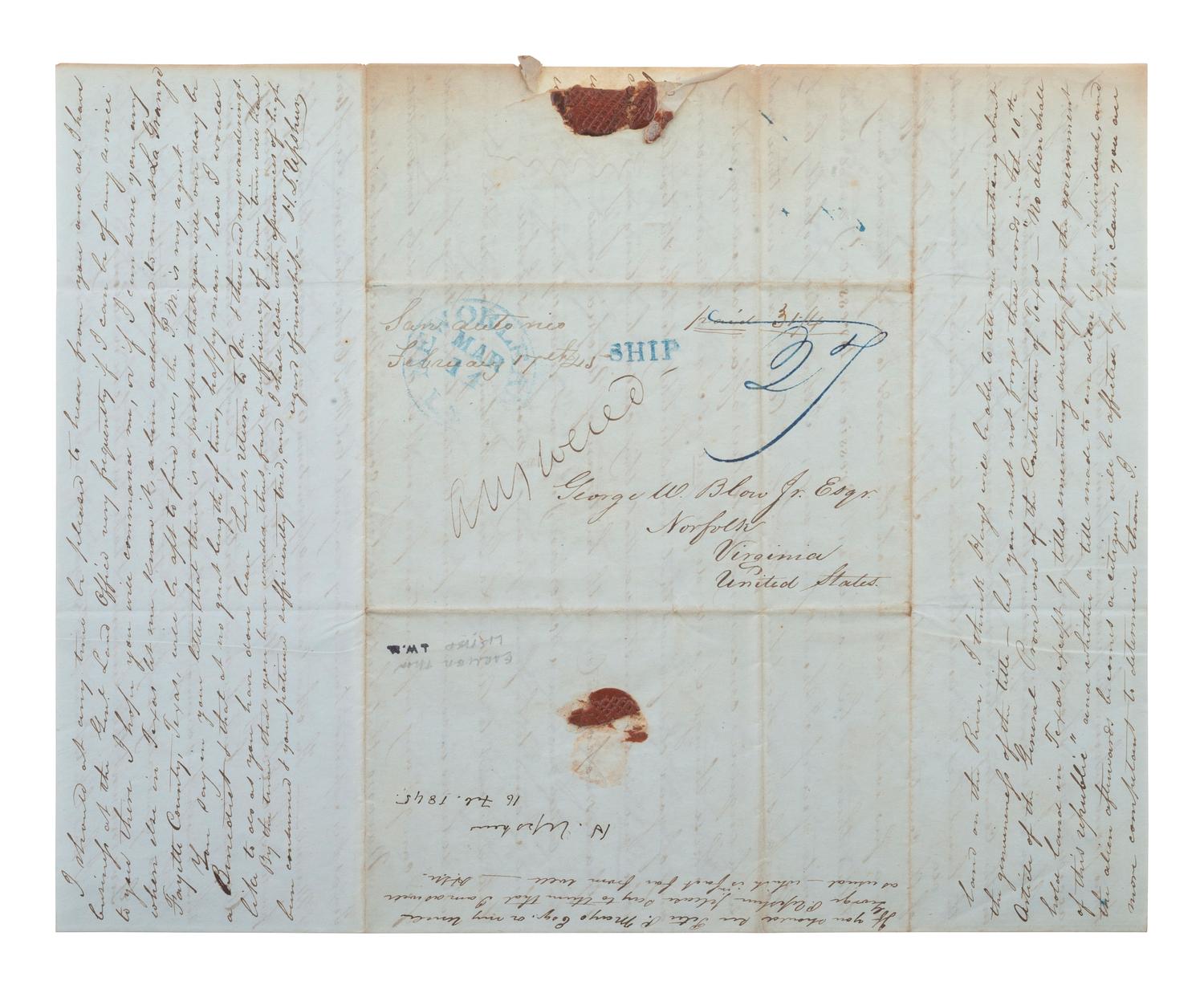 [TEXAS]. UPSHAW, Horace L. Autograph letter signed twice ("H. L. Upshaw," "H. Upshaw"), to George W. Blow Jr. San Antonio, 16 February 1845.