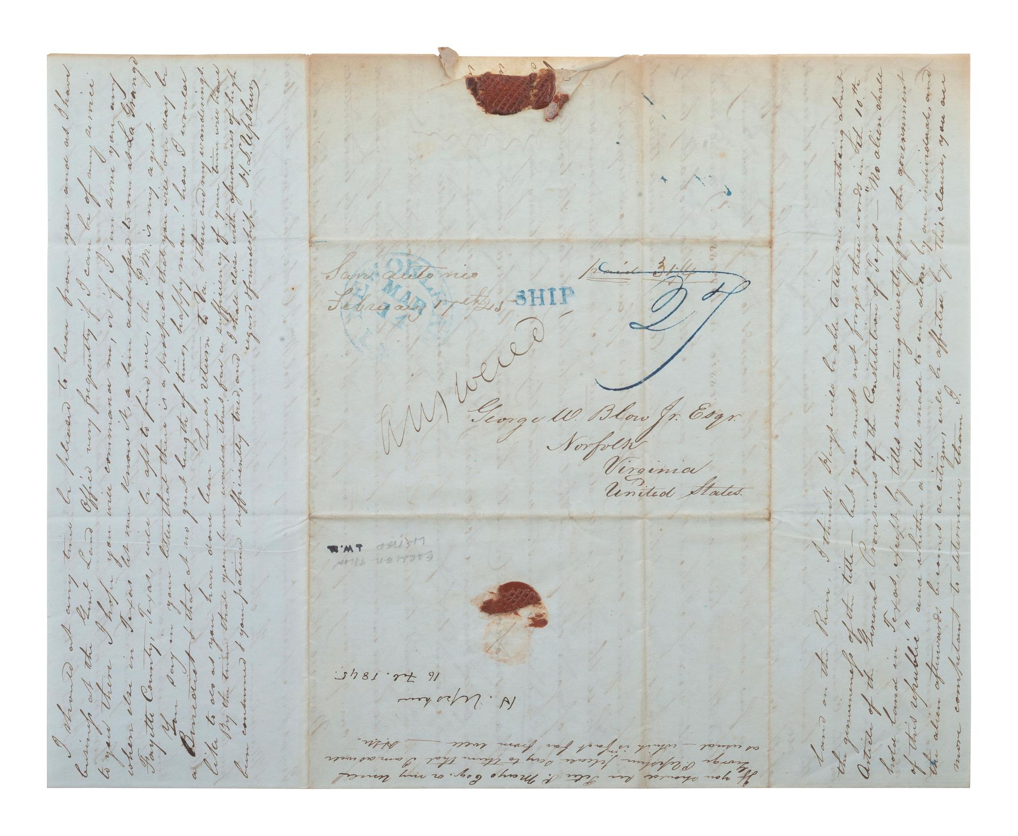 [TEXAS]. UPSHAW, Horace L. Autograph letter signed twice ("H. L. Upshaw," "H. Upshaw"), to George W. Blow Jr. San Antonio, 16 February 1845.