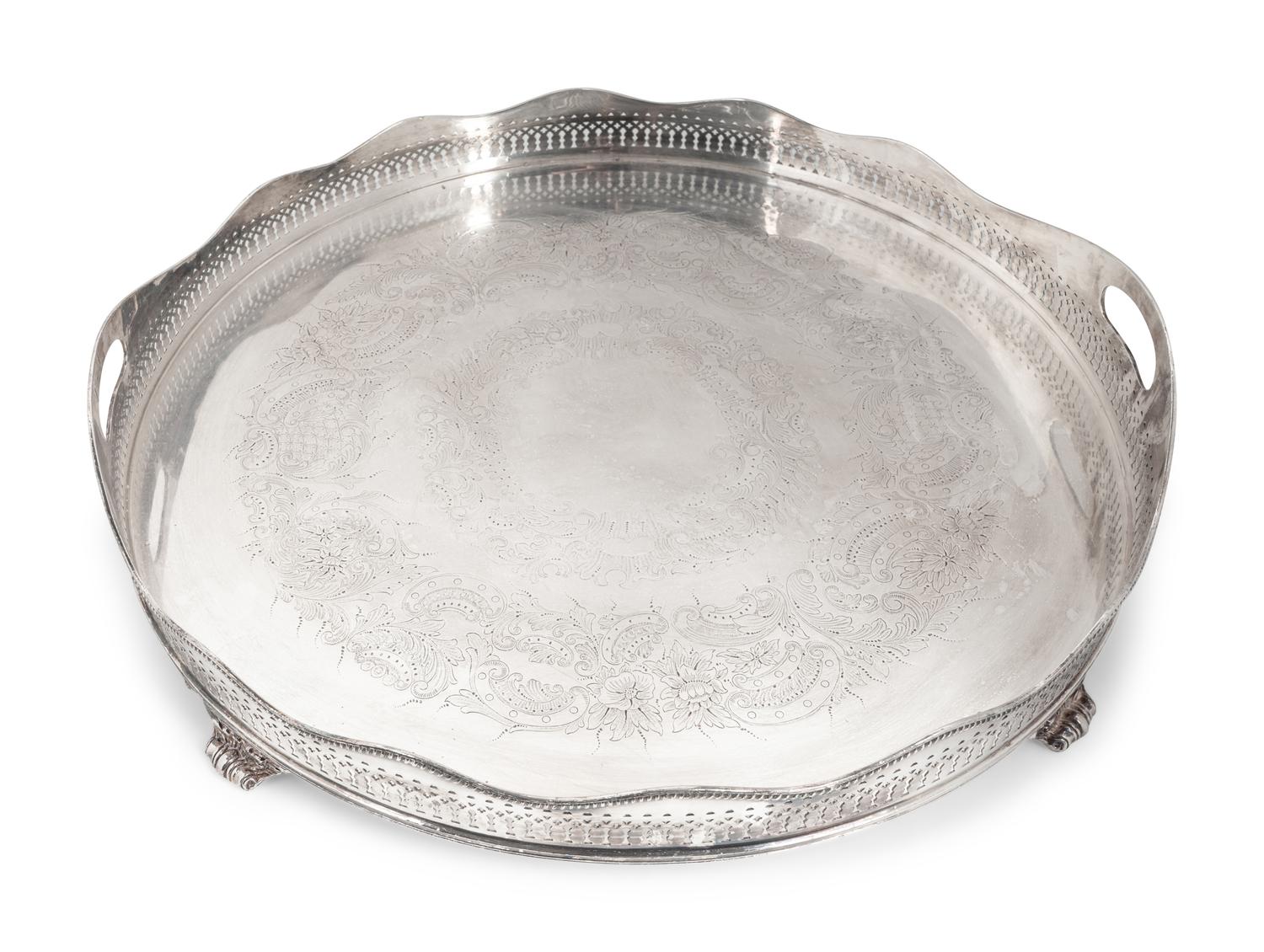 An English Silverplate Two-Handled, Galleried and Footed Circular Tray