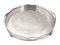 An English Silverplate Two-Handled, Galleried and Footed Circular Tray