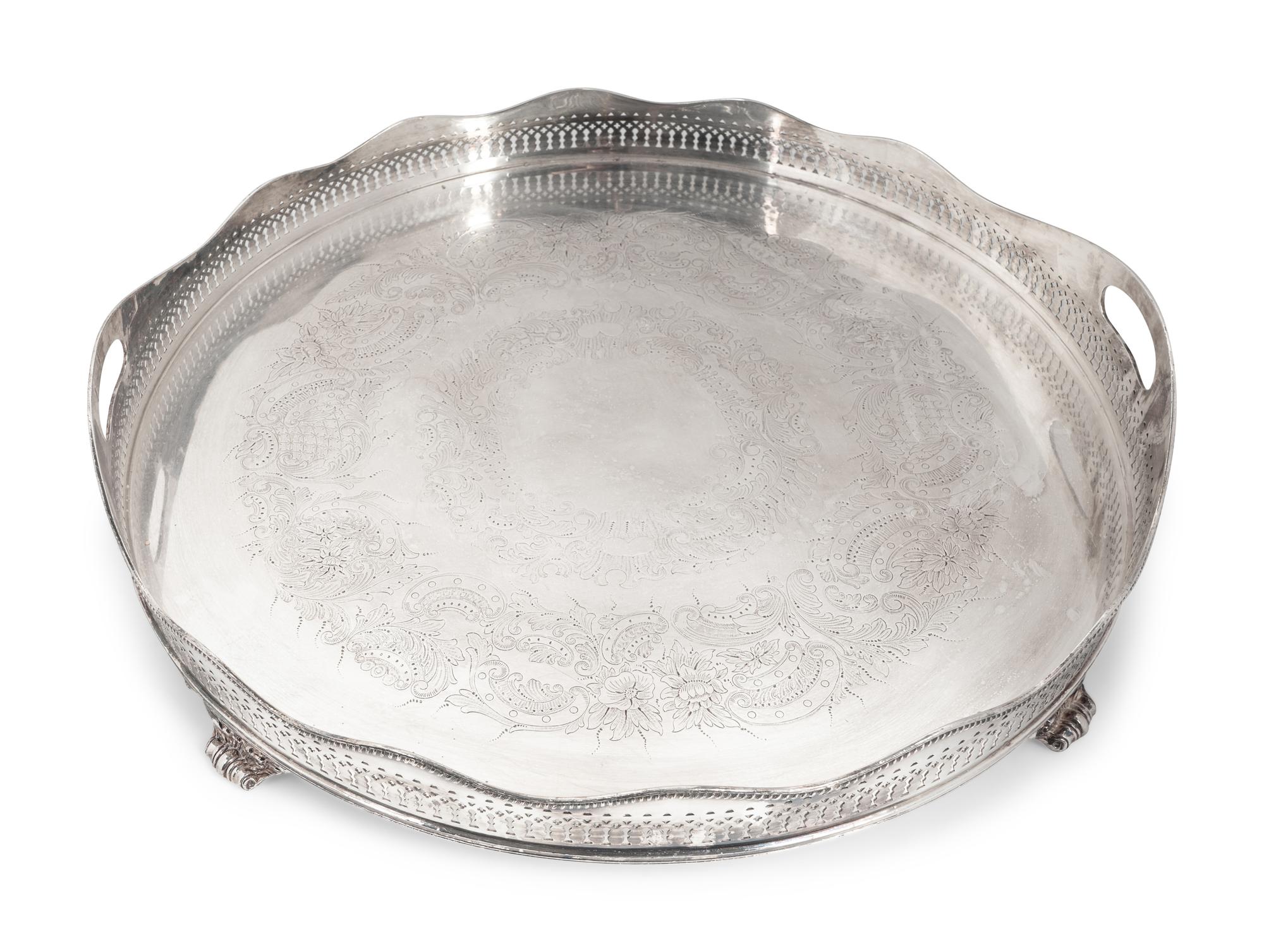 An English Silverplate Two-Handled, Galleried and Footed Circular Tray