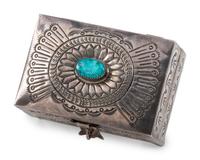 Heavily Stamped Sterling Silver Lidded Box, with Turquoise