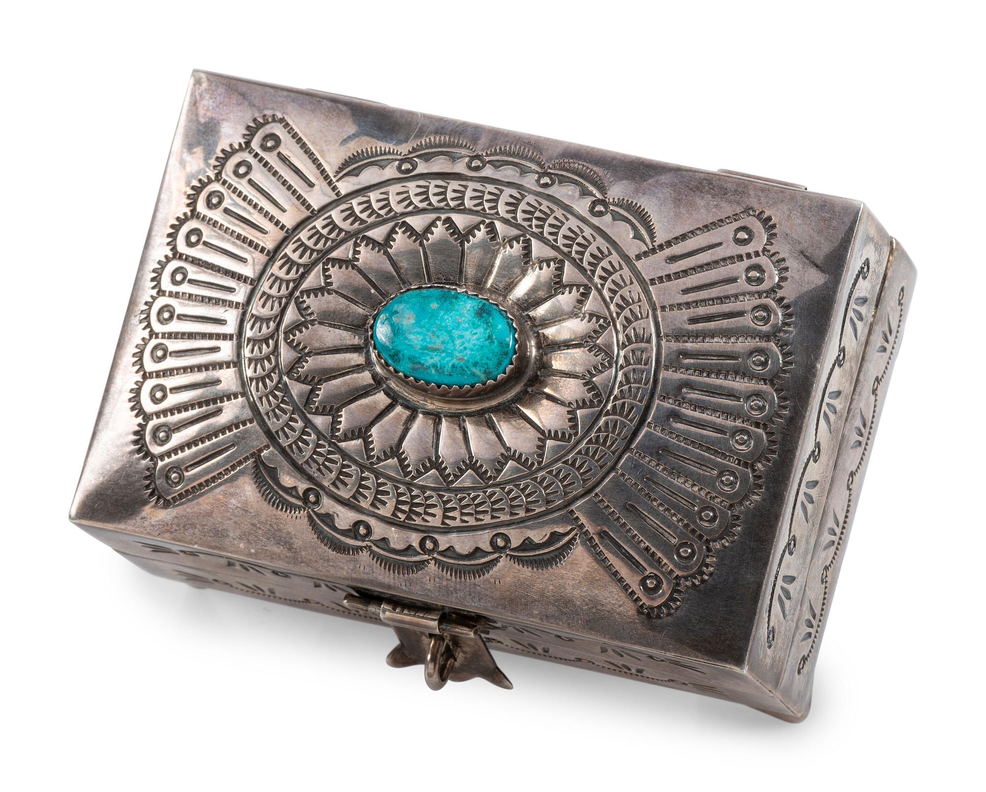 Heavily Stamped Sterling Silver Lidded Box, with Turquoise