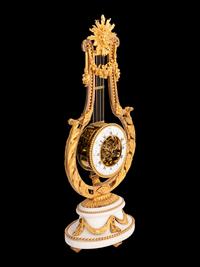 A French Gilt Bronze and Marble Lyre-Form Clock, Bourdier