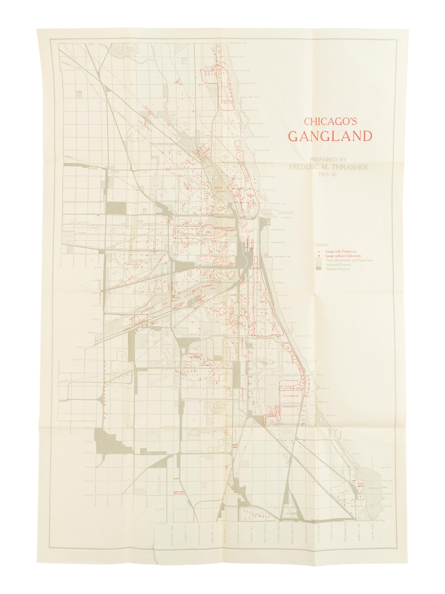[MAP]. THRASHER, Frederic M. (1892-1962). Chicago’s Gangland… 1923-26 . Chicago: The University of Chicago Press, 1927.