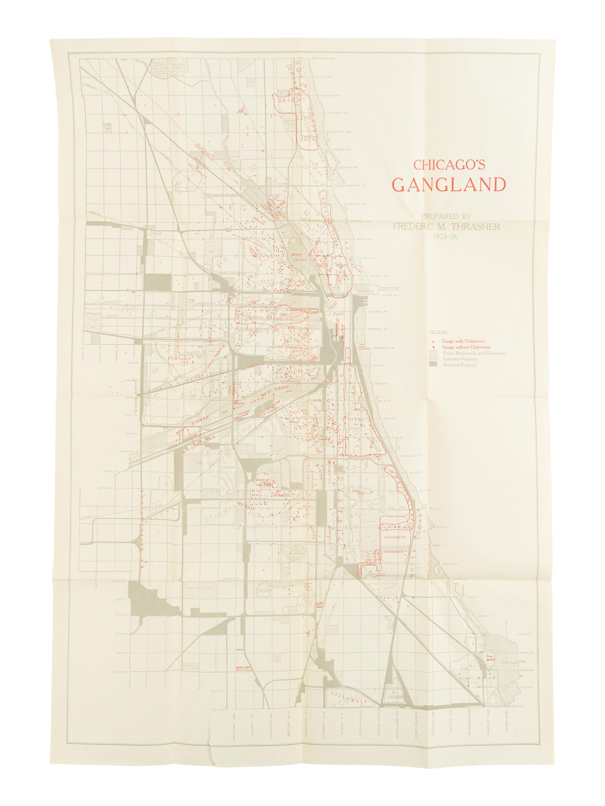 [MAP]. THRASHER, Frederic M. (1892-1962). Chicago’s Gangland… 1923-26 . Chicago: The University of Chicago Press, 1927.