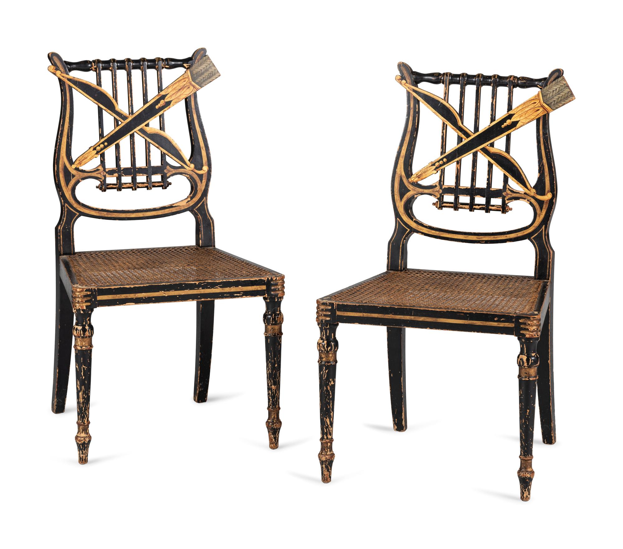 A Pair of Classical Gilt and Black Painted Lyre-Back Cane Upholstered Side Chairs