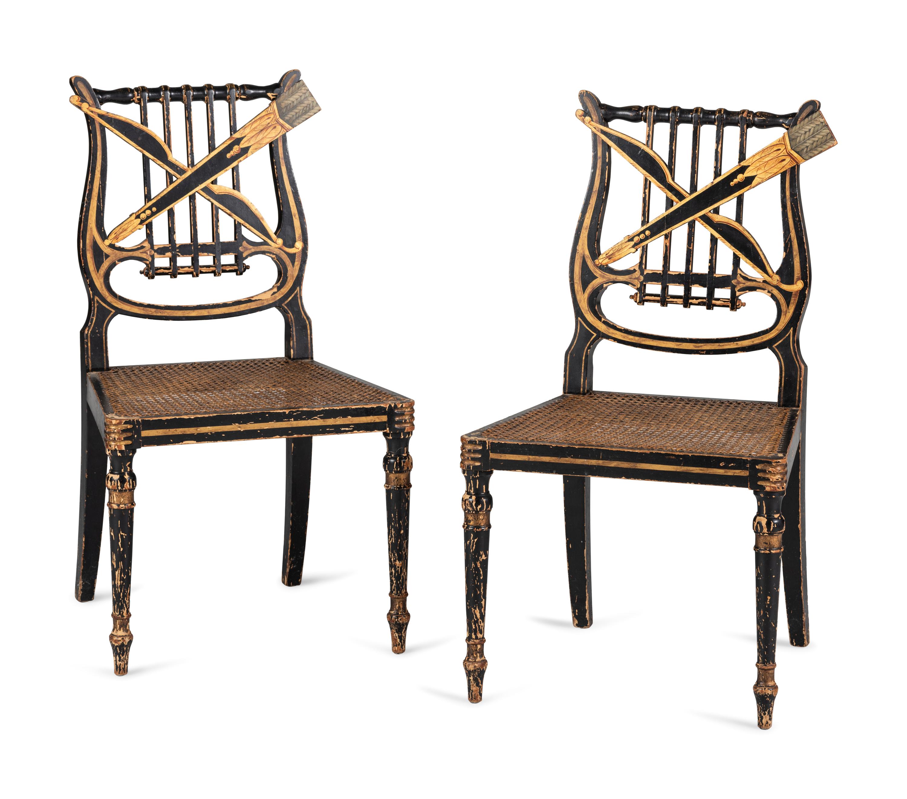 A Pair of Classical Gilt and Black Painted Lyre-Back Cane Upholstered Side Chairs