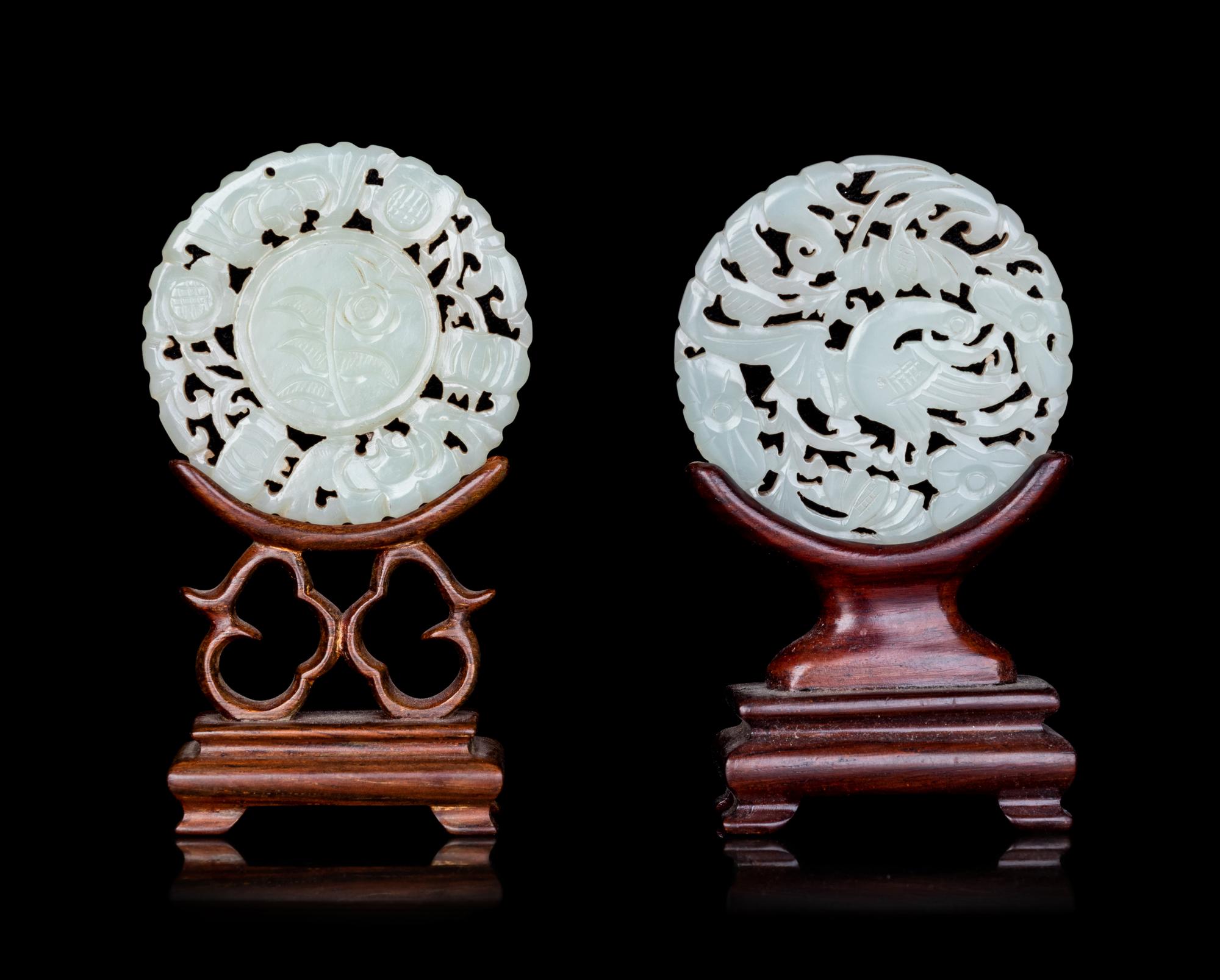 Two Chinese Pale Celadon Jade Mounted Table Screens