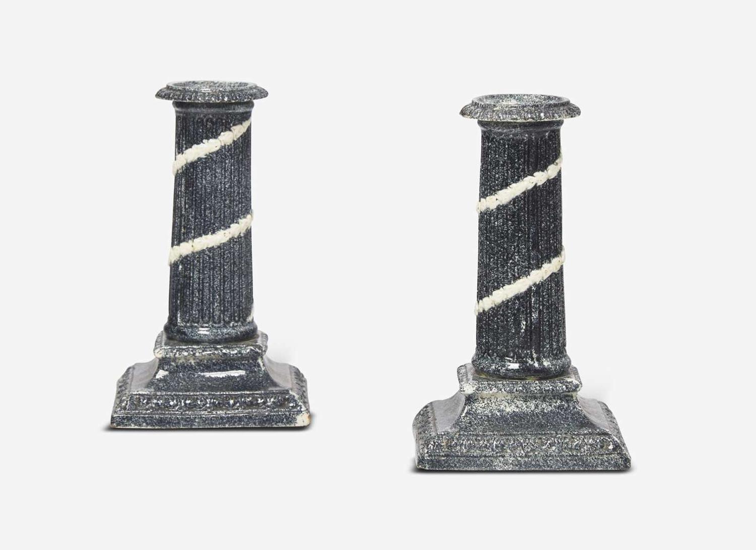 A Pair of Neale & Co. Variegated Ware Candlesticks, UK, 1780s
