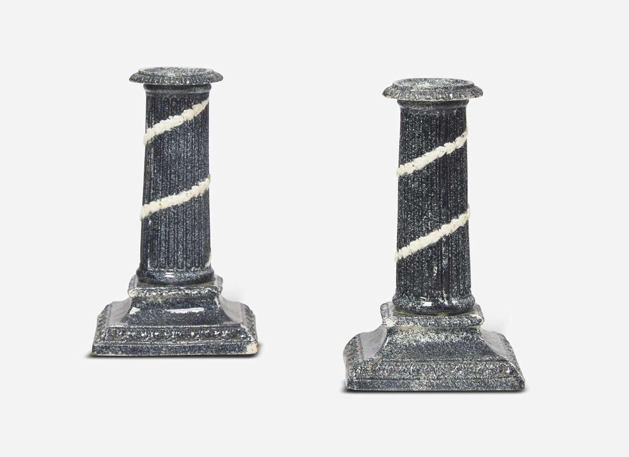 A Pair of Neale & Co. Variegated Ware Candlesticks, UK, 1780s