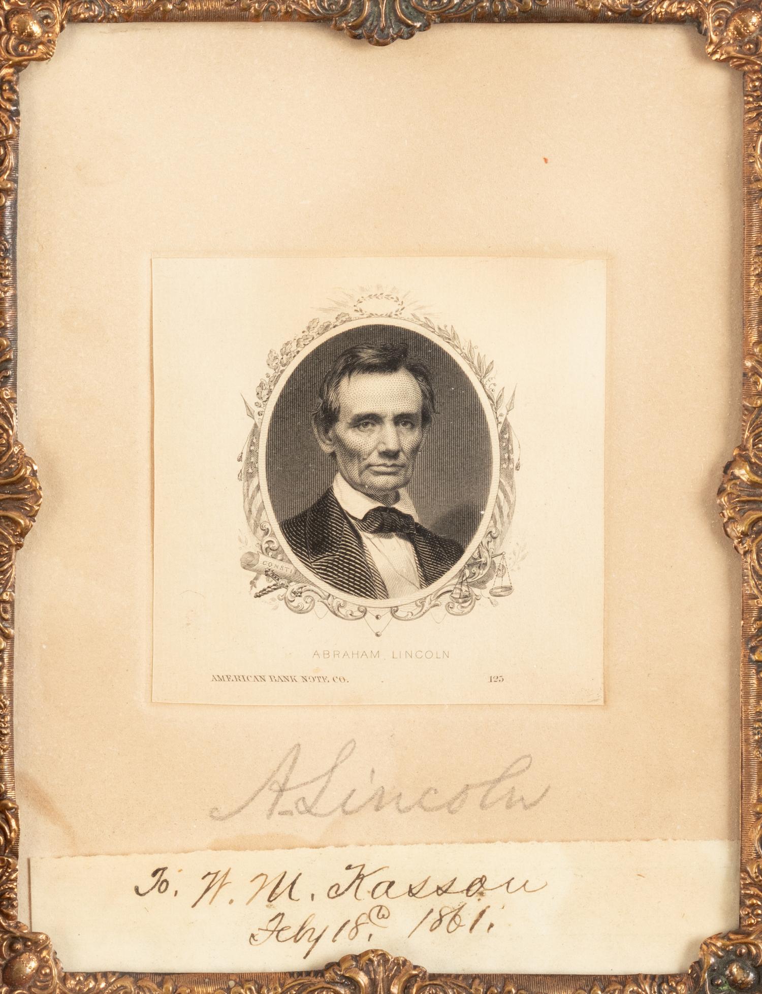 [LINCOLN, Abraham (1809-1865)]. An engraved portrait signed in pencil ("A. Lincoln"). 18 February 1861.