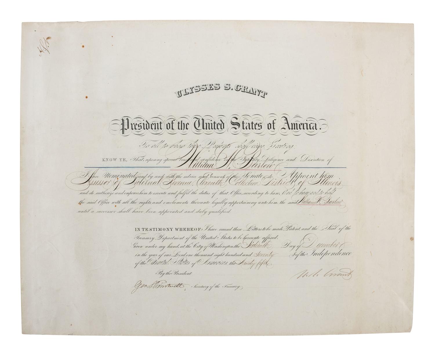 [CIVIL WAR - POLITICS]. A group of 5 documents identified to William Barlow incl. appointments signed by Andrew JOHNSON and Ulysses S. GRANT.