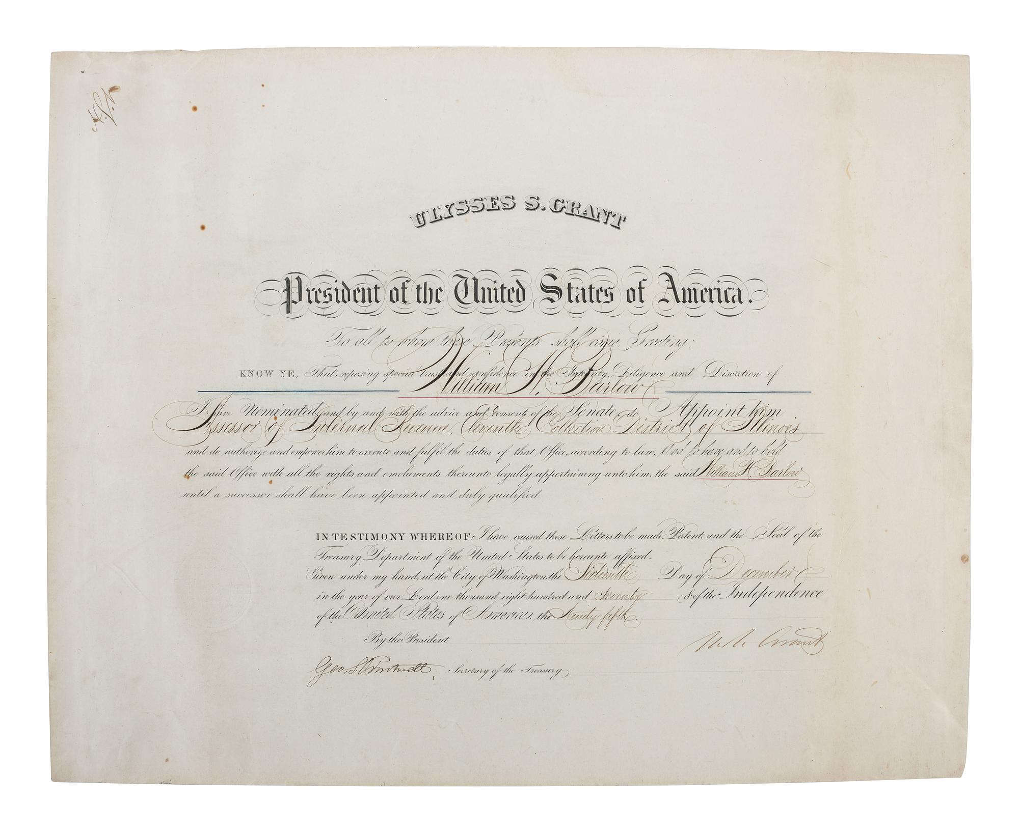 [CIVIL WAR - POLITICS]. A group of 5 documents identified to William Barlow incl. appointments signed by Andrew JOHNSON and Ulysses S. GRANT.
