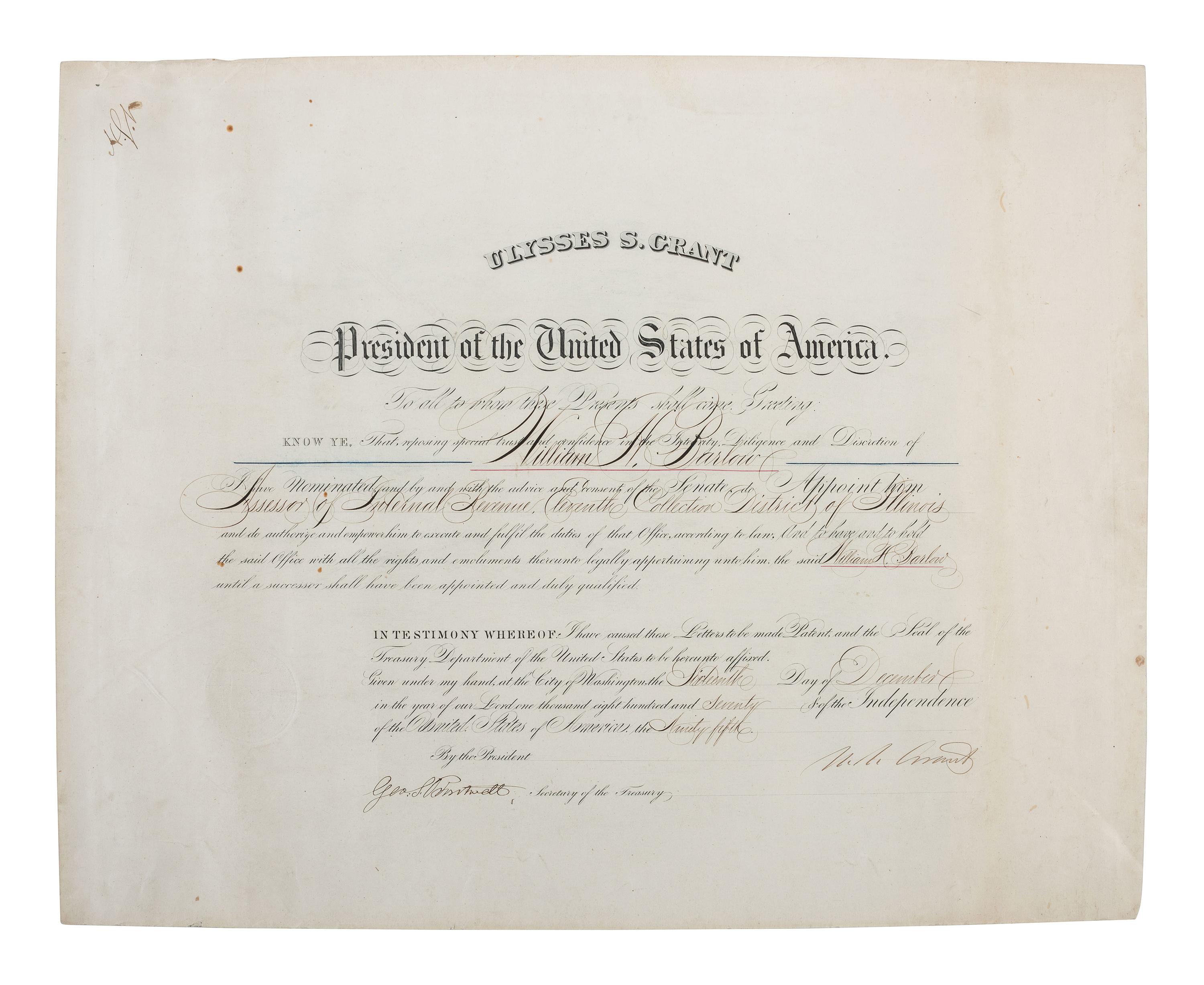[CIVIL WAR - POLITICS]. A group of 5 documents identified to William Barlow incl. appointments signed by Andrew JOHNSON and Ulysses S. GRANT.